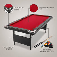 6,7 Foot Foldable Pool Table, Portable Billiards Table for Adults with Full Accessories Set, Mesa De Billar Includes 16 Balls, 2 Cue Sticks, Chalk, Rack & Brush, Game Room Table for Home — infographic