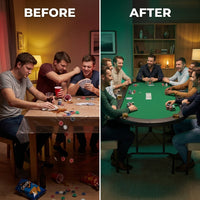 8 Player Oval Foldable Poker Tables, Casino Style Card Table with 8 Cup Holders & Non-Slip Feet, Portable Game Table for Texas Holdem, Blackjack & Dominoes, Perfect for Living Room (Green) — Before & After